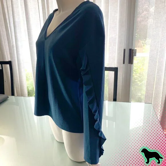 NEW NWT Bar III Ruffled Sleeve Blouse Top Size L Large Long Sleeve Turquoise - Picture 3 of 4